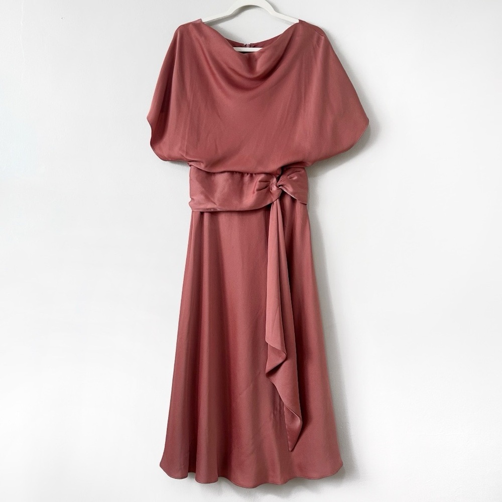 BHLDN Olmstead Midi Dress Silky Faux Wrap Drape Matte Rosette Bridesmaid Wedding - Picture 2 of 11